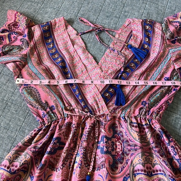 SILK Blend Bohemian Boho Tie Neck Pink Paisley Midi Dress - Picture 8 of 10